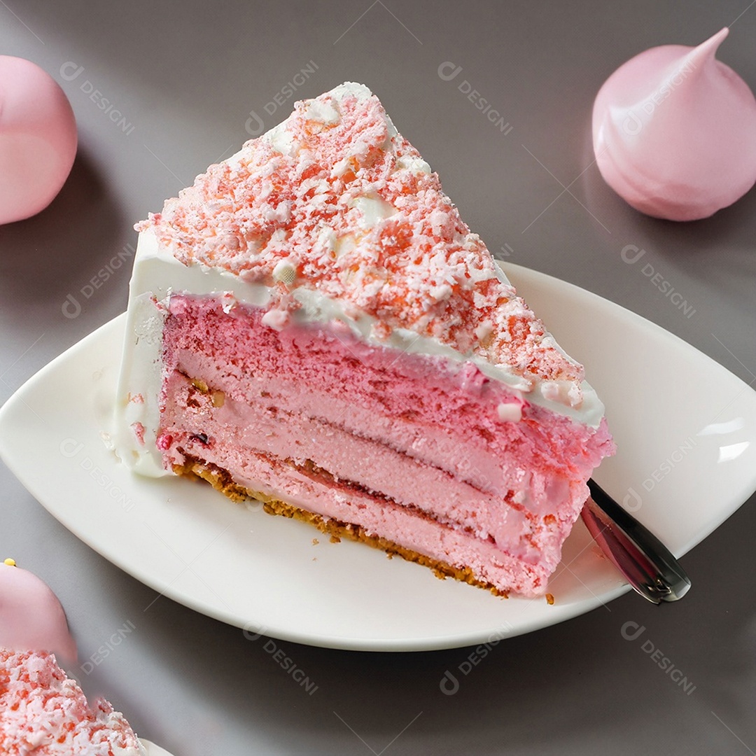 Fatia de bolo de creme rosa fresco decorada com granulado em prato branco