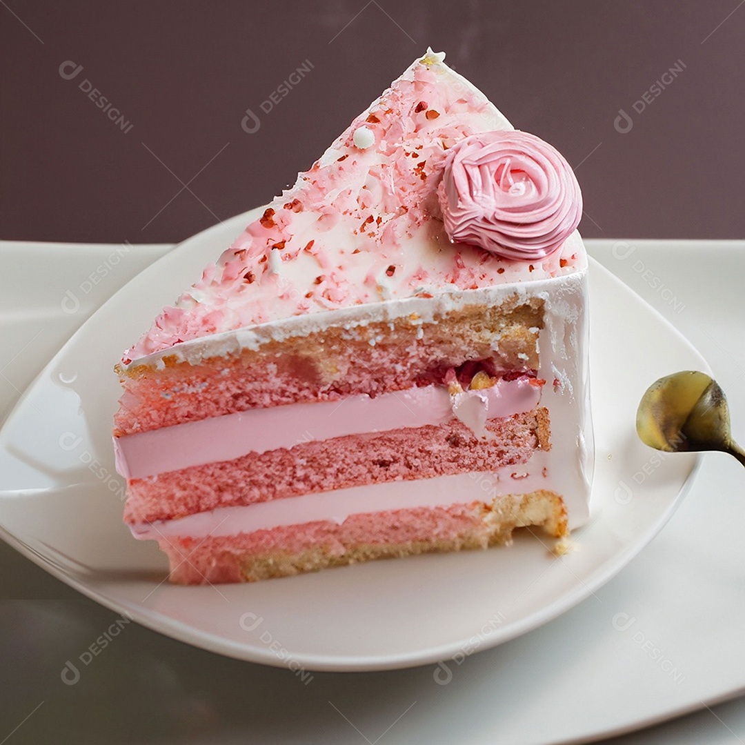Fatia de bolo de creme rosa fresco decorada com granulado em prato branco