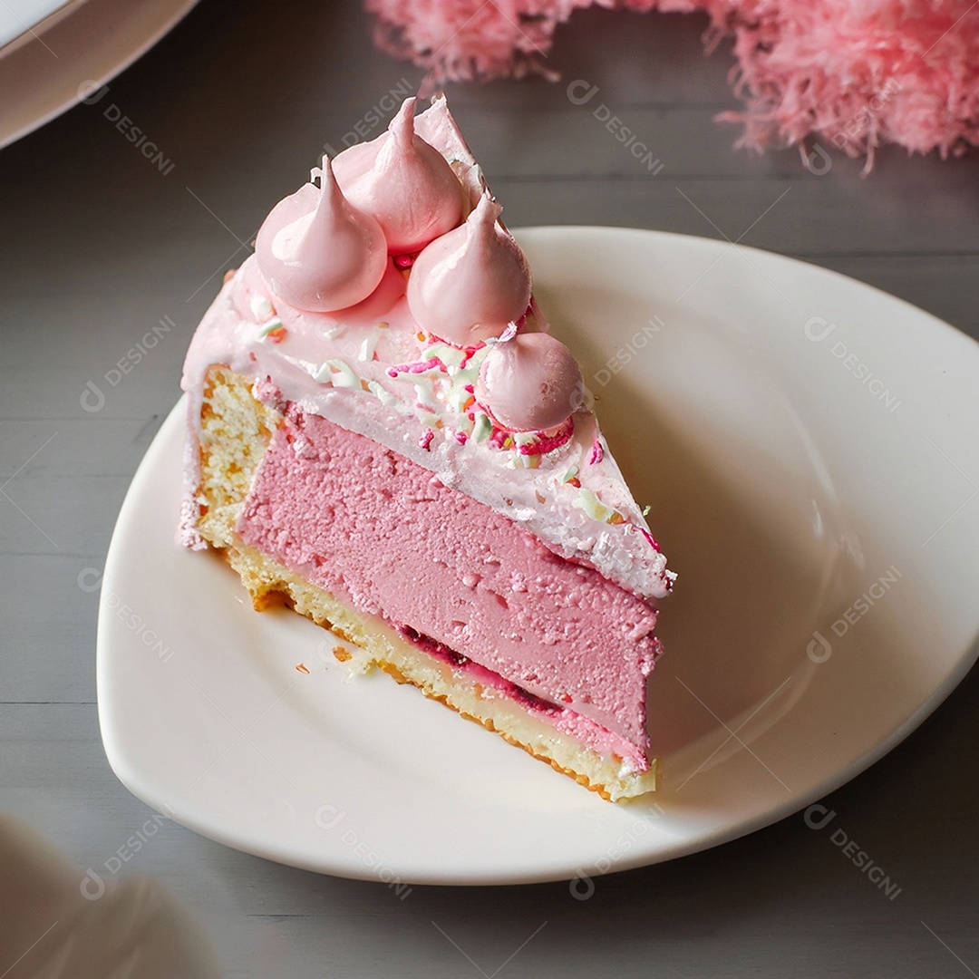 Fatia de bolo de creme rosa fresco decorada com granulado em prato branco