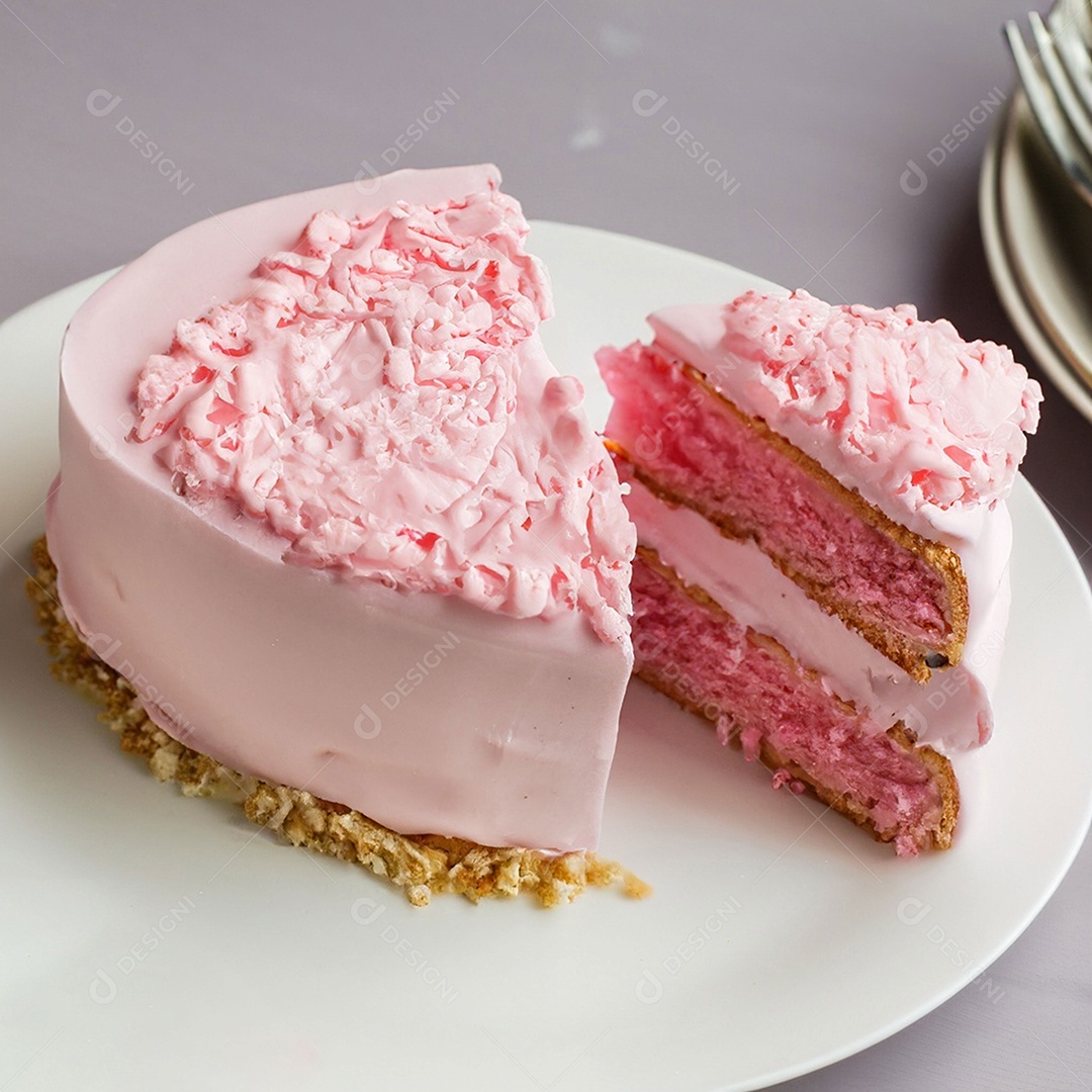 Fatia de bolo de creme rosa fresco decorada com granulado em prato branco
