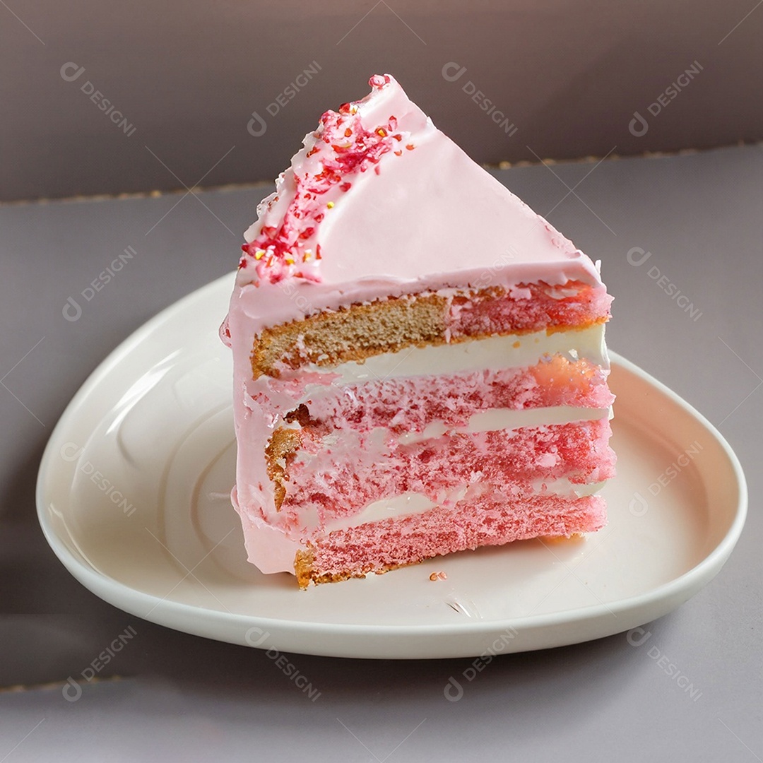 Fatia de bolo de creme rosa fresco decorada com granulado em prato branco