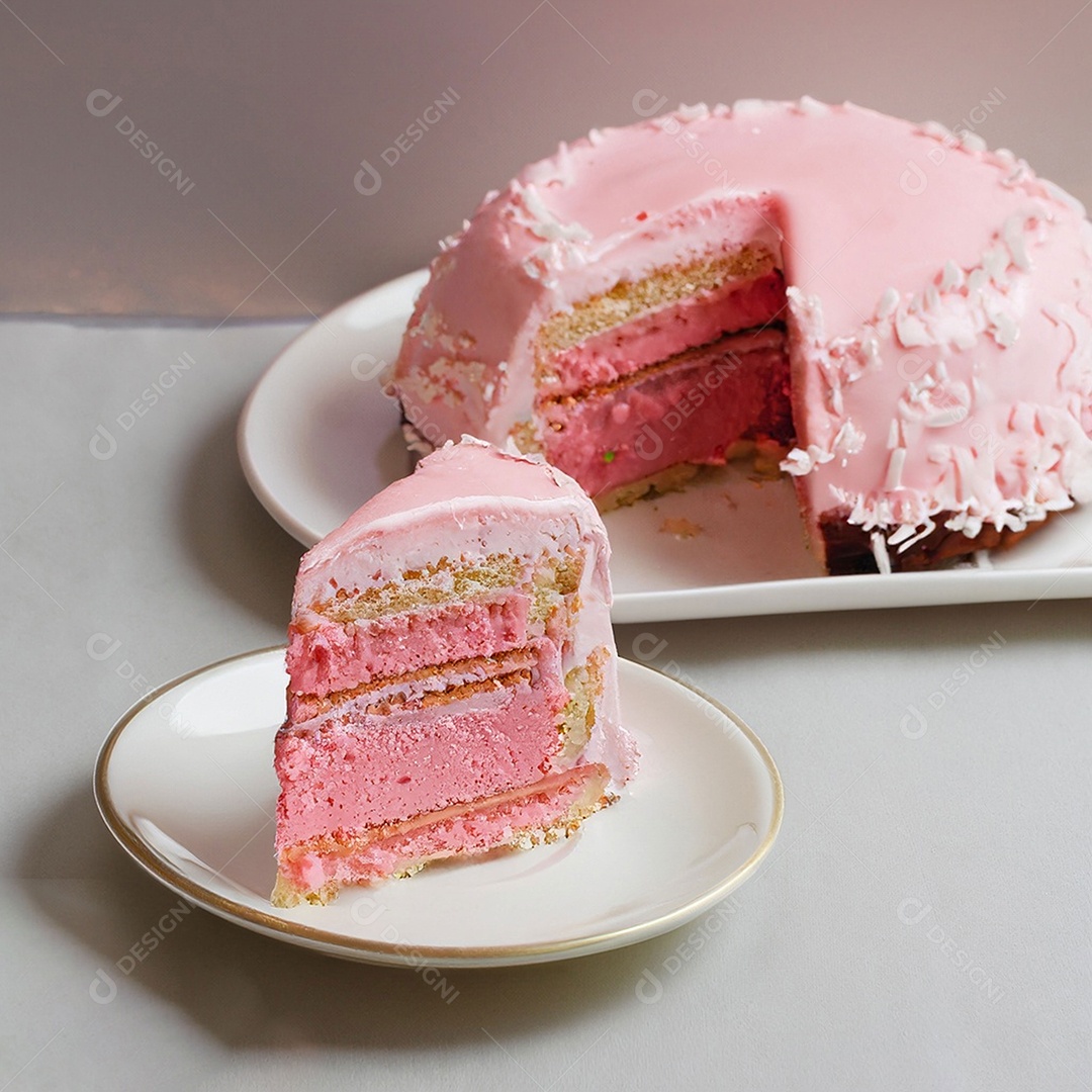 Fatia de bolo de creme rosa fresco decorada com granulado em prato branco