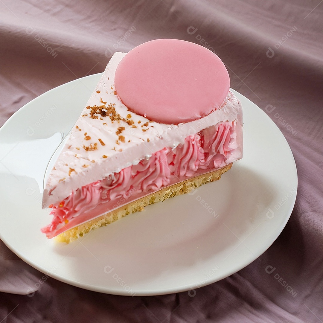 Fatia de bolo de creme rosa fresco decorada com granulado em prato branco