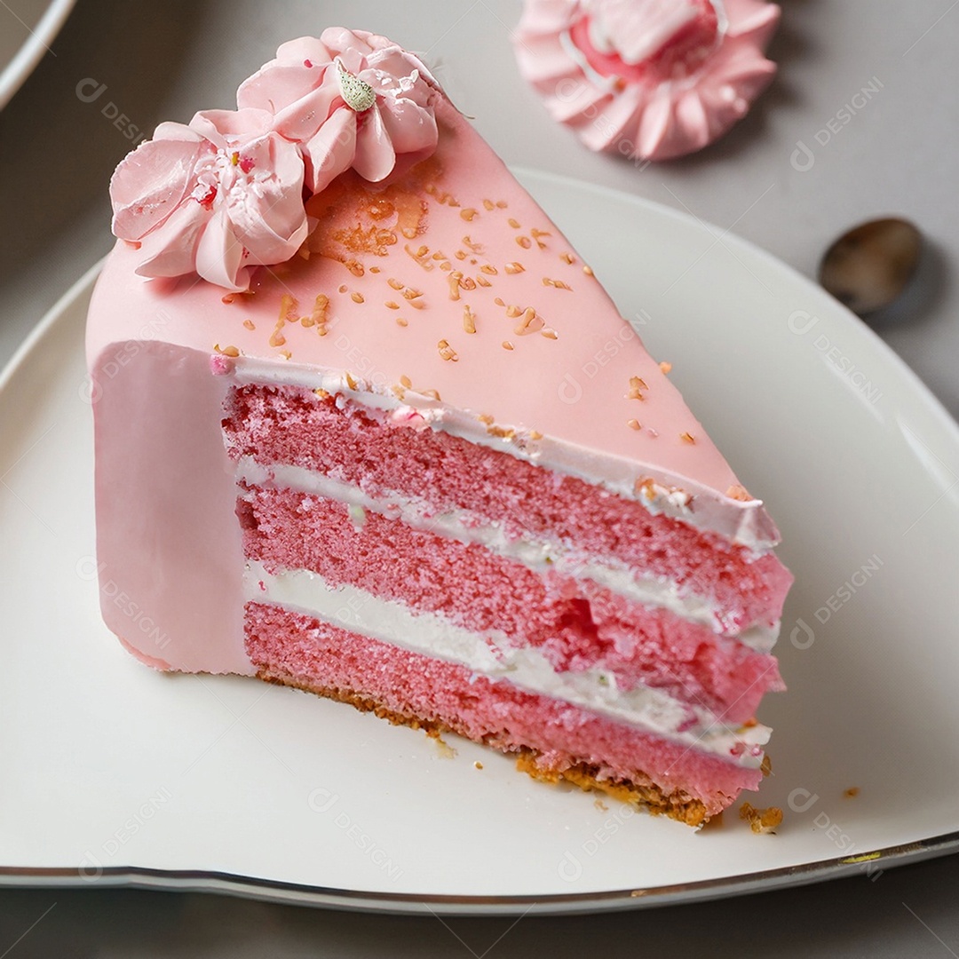 Fatia de bolo de creme rosa fresco decorada com granulado em prato branco