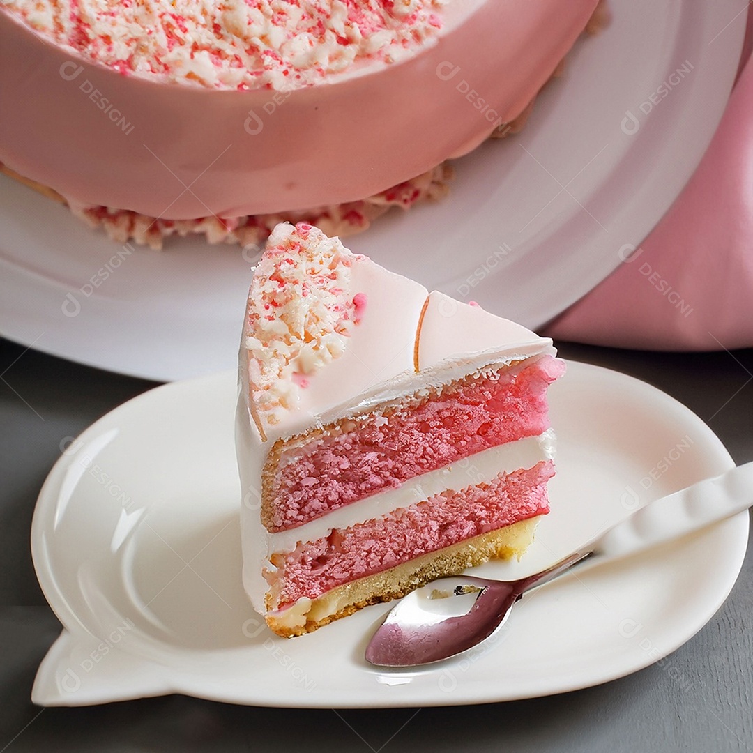 Fatia de bolo de creme rosa fresco decorada com granulado em prato branco