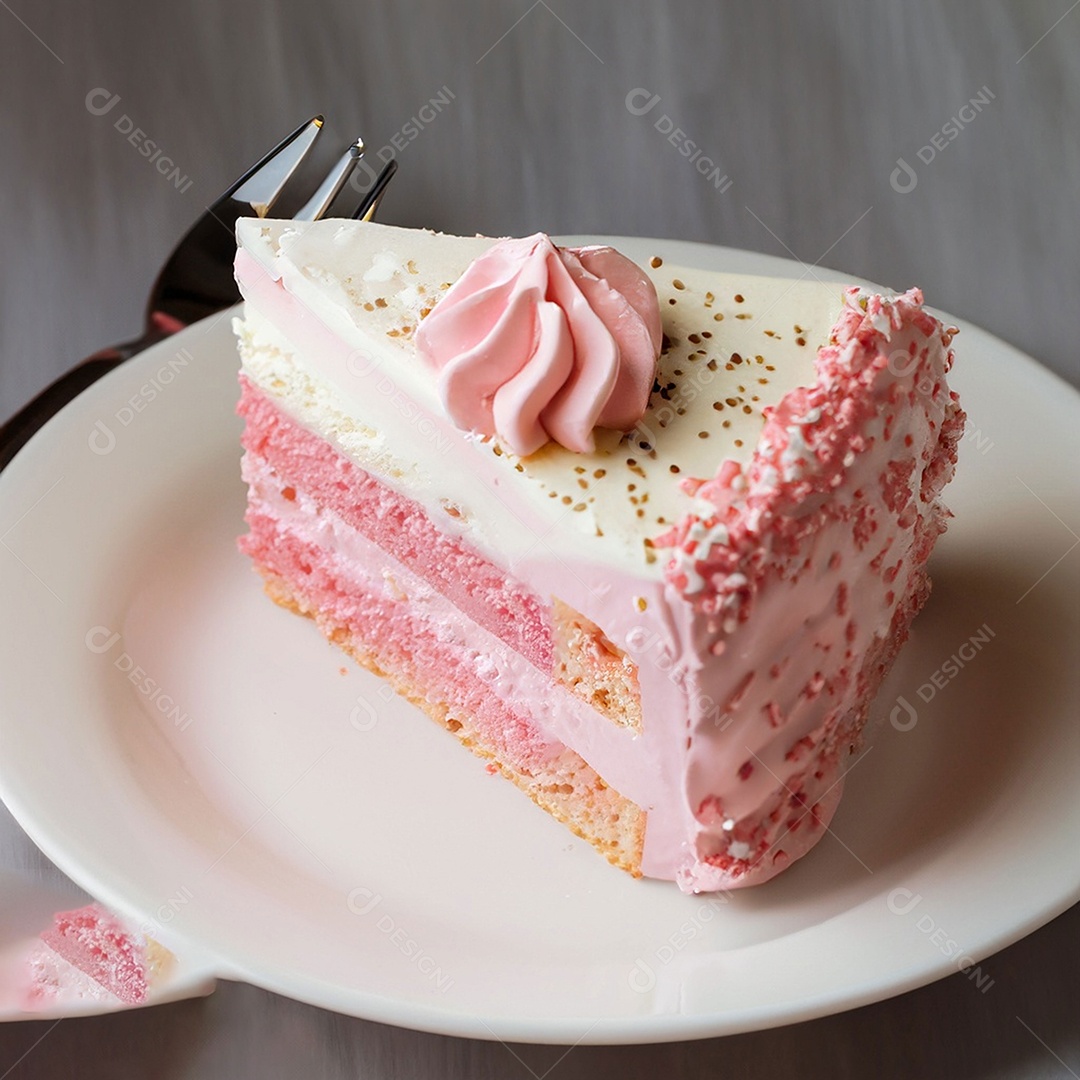 Fatia de bolo de creme rosa fresco decorada com granulado em prato branco