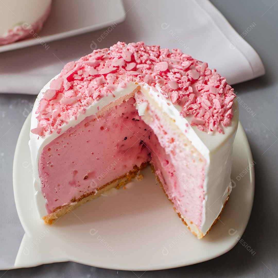 Fatia de bolo de creme rosa fresco decorada com granulado em prato branco