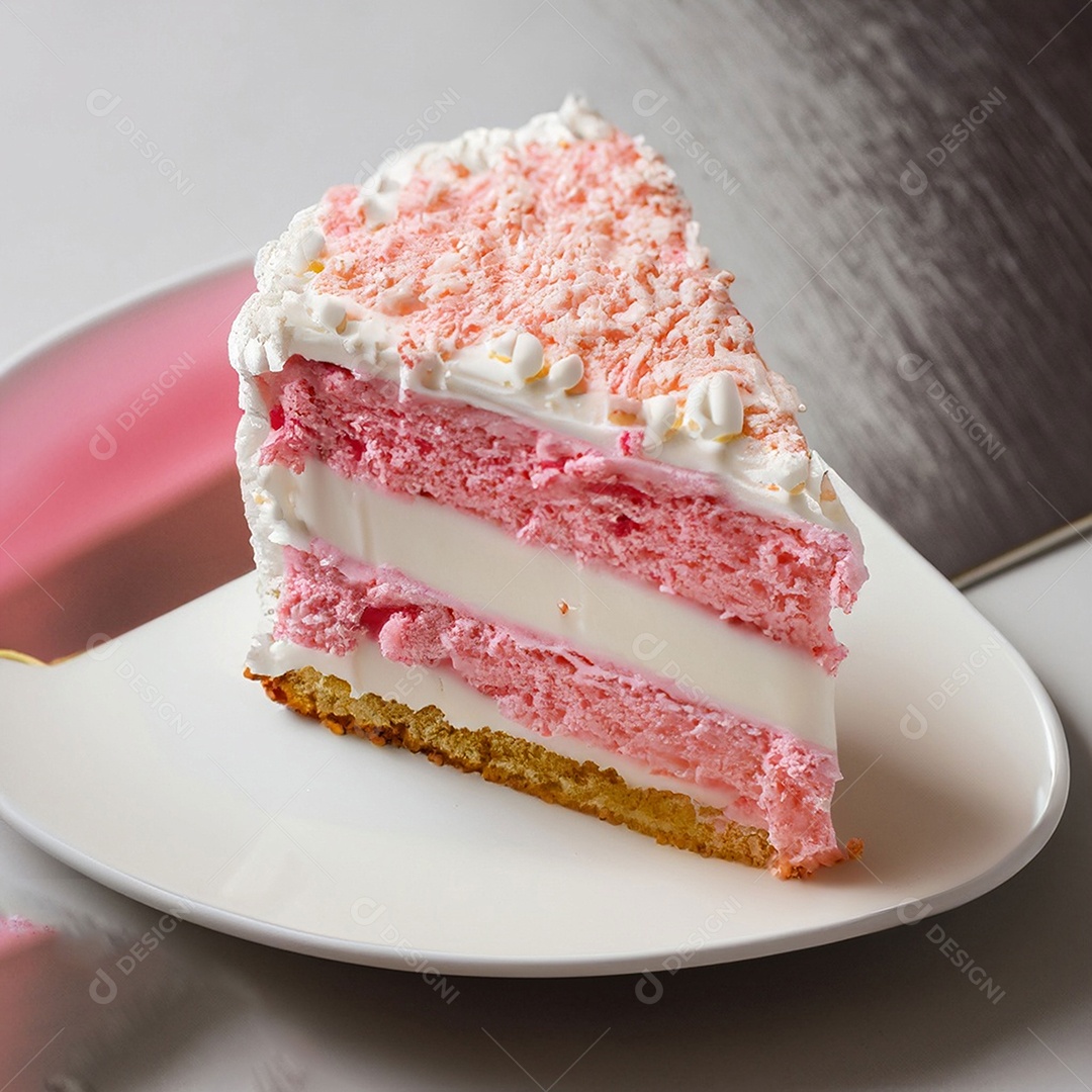 Fatia de bolo de creme rosa fresco decorada com granulado em prato branco