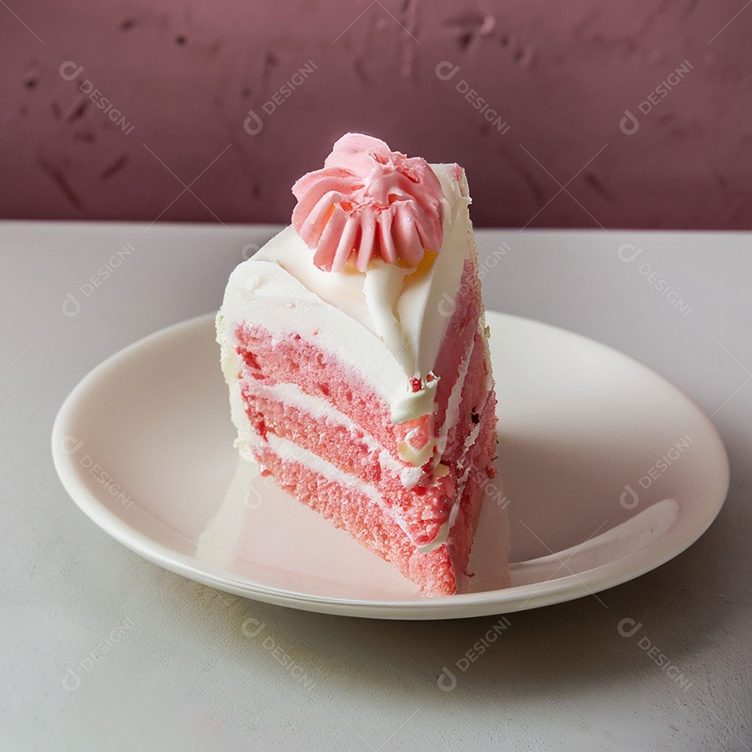 Fatia de bolo de creme rosa fresco decorada com granulado em prato branco