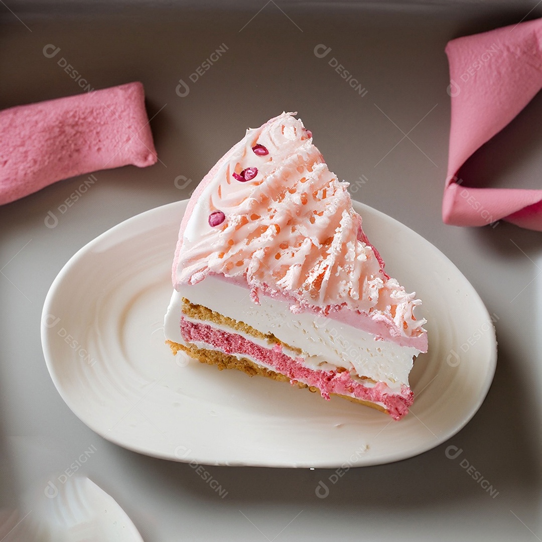 Fatia de bolo de creme rosa fresco decorada com granulado em prato branco