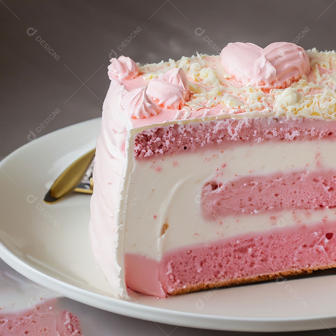 Fatia de bolo de creme rosa fresco decorada com granulado em prato branco