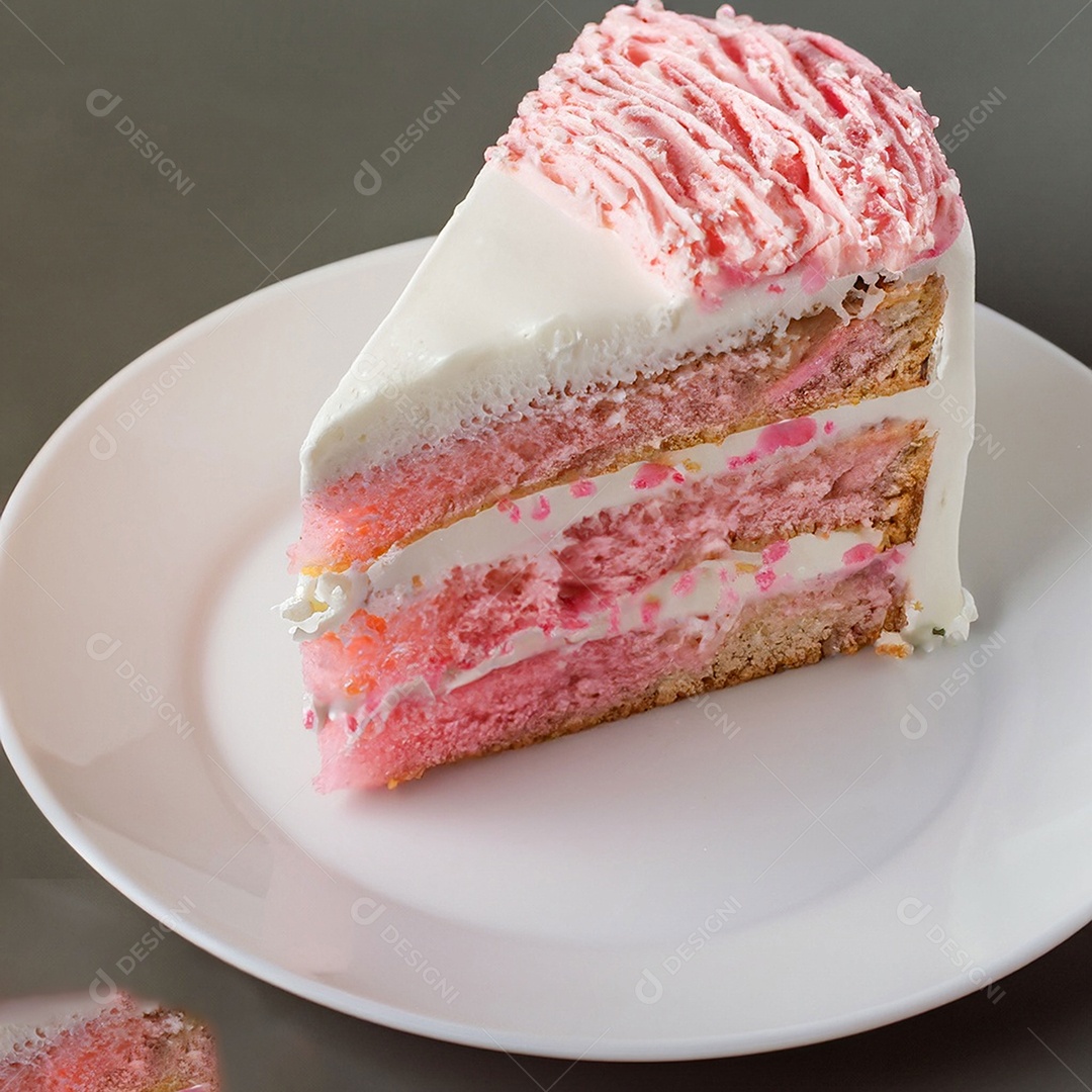 Fatia de bolo de creme rosa fresco decorada com granulado em prato branco