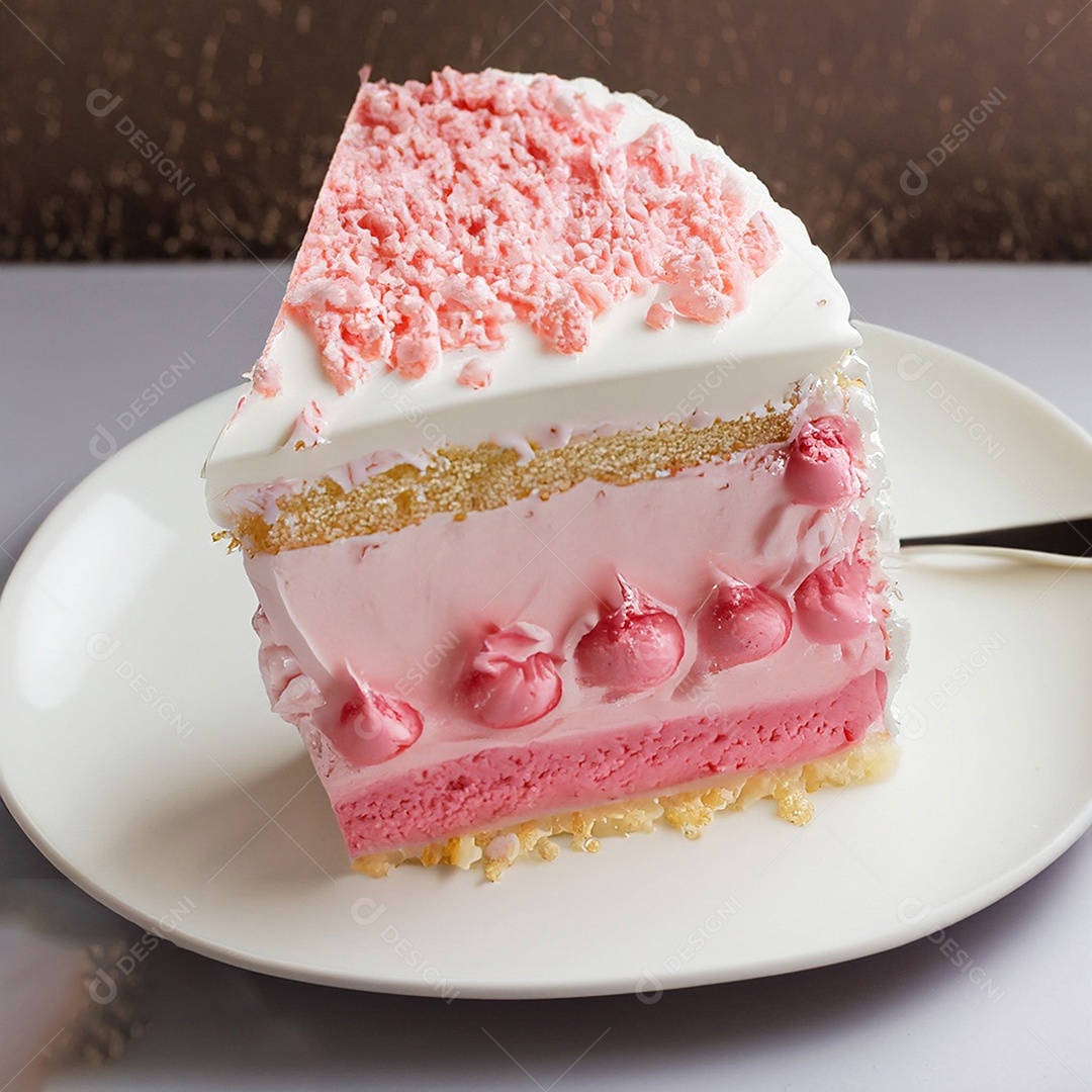 Fatia de bolo de creme rosa fresco decorada com granulado em prato branco
