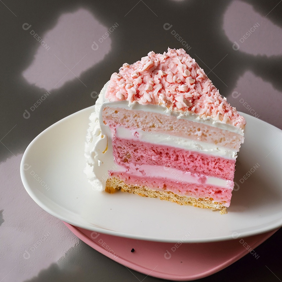 Fatia de bolo de creme rosa fresco decorada com granulado em prato branco