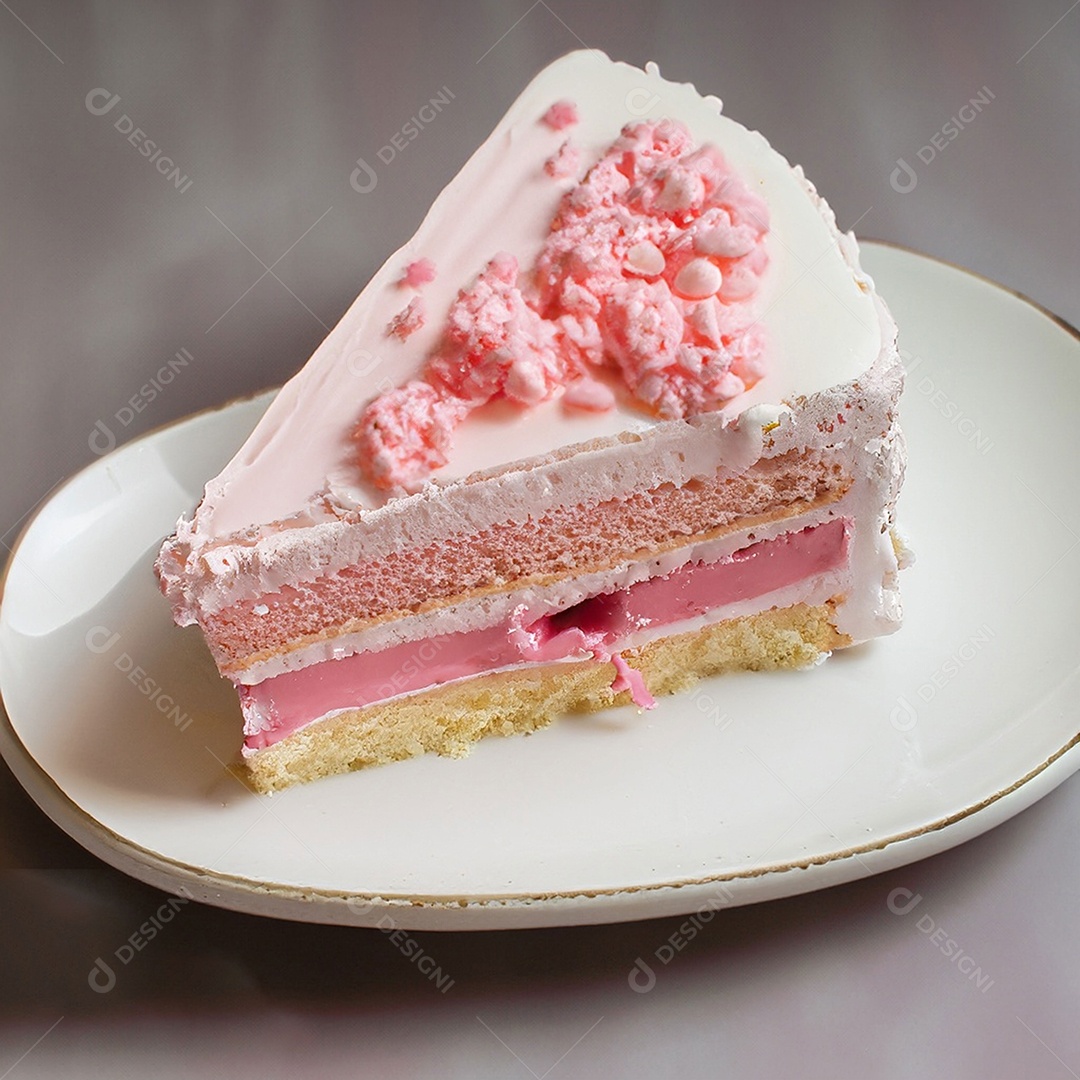 Fatia de bolo de creme rosa fresco decorada com granulado em prato branco
