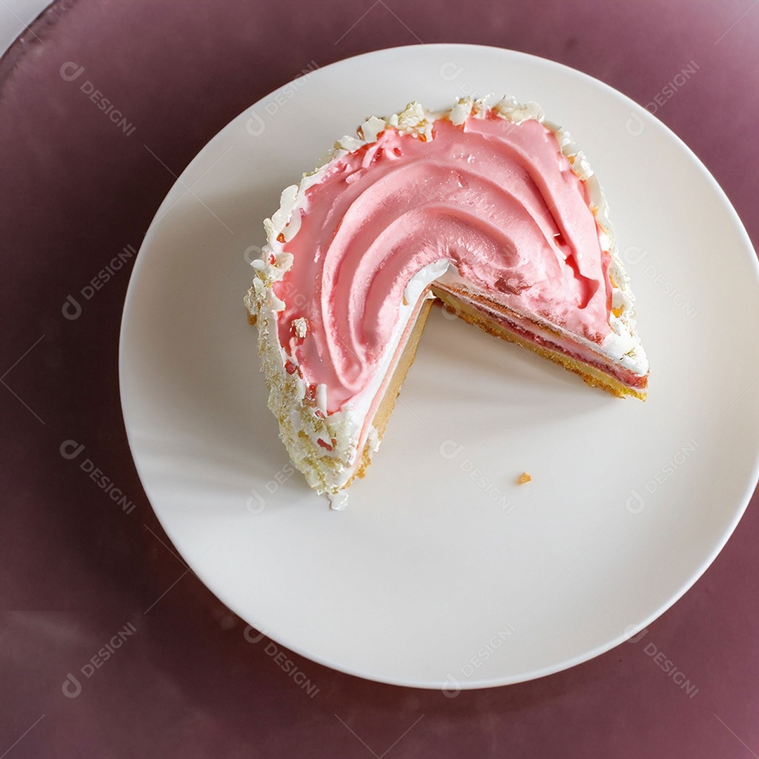 Fatia de bolo de creme rosa fresco decorada com granulado em prato branco