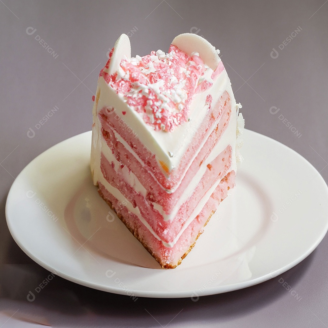 Fatia de bolo de creme rosa fresco decorada com granulado em prato branco