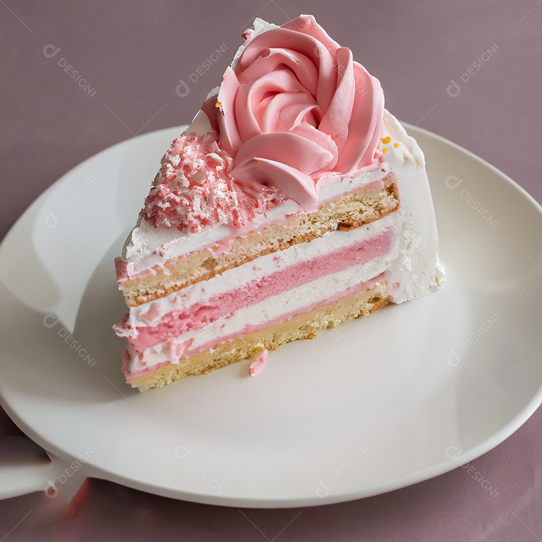 Fatia de bolo de creme rosa fresco decorada com granulado em prato branco