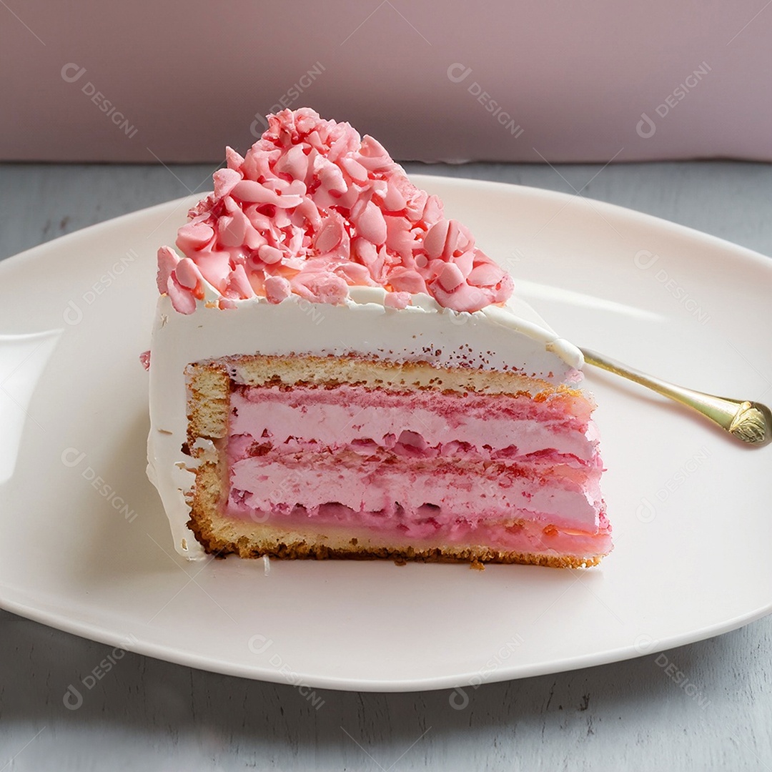 Fatia de bolo de creme rosa fresco decorada com granulado em prato branco
