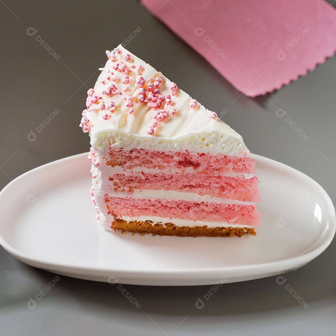 Fatia de bolo de creme rosa fresco decorada com granulado em prato branco