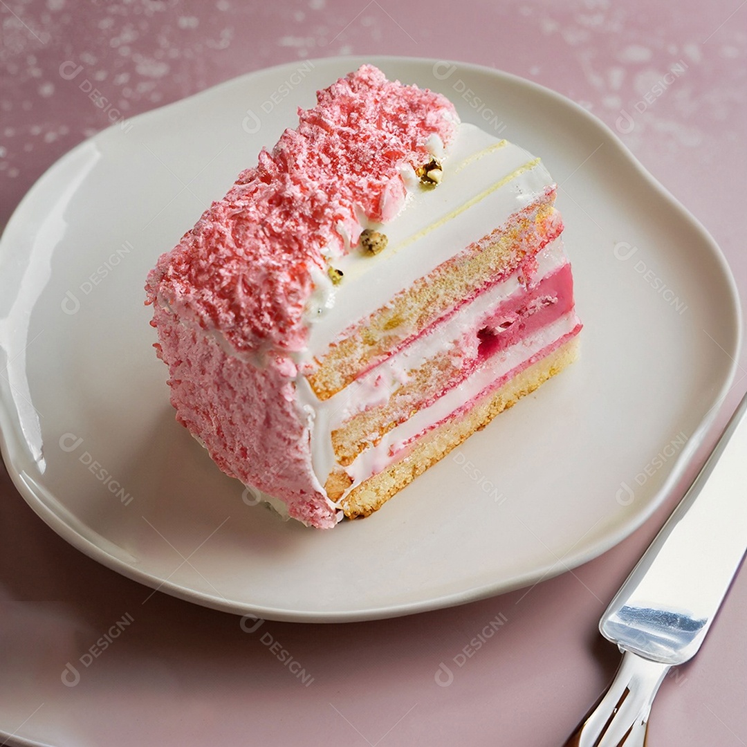Fatia de bolo de creme rosa fresco decorada com granulado em prato branco
