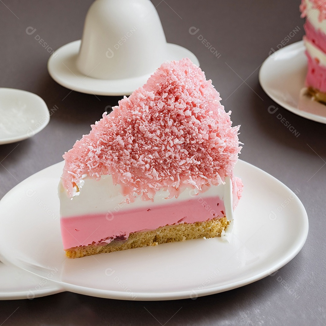 Fatia de bolo de creme rosa fresco decorada com granulado em prato branco