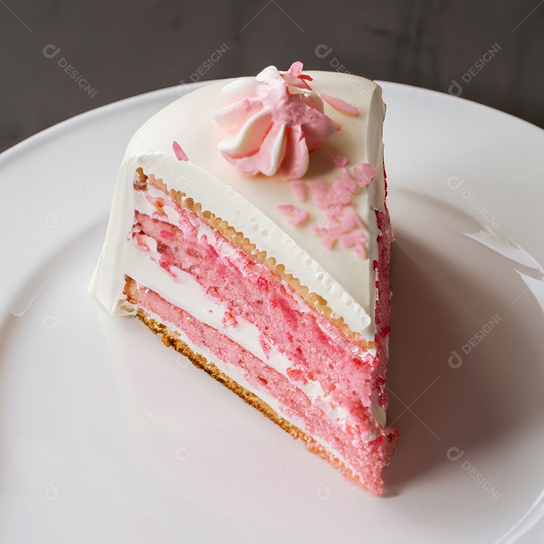 Fatia de bolo de creme rosa fresco decorada com granulado em prato branco