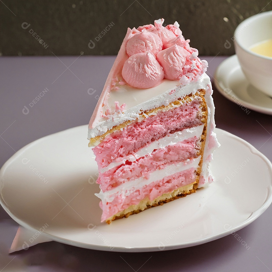 Fatia de bolo de creme rosa fresco decorada com granulado em prato branco
