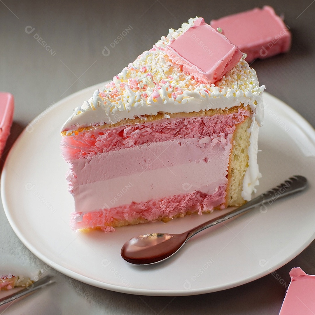 Fatia de bolo de creme rosa fresco decorada com granulado em prato branco
