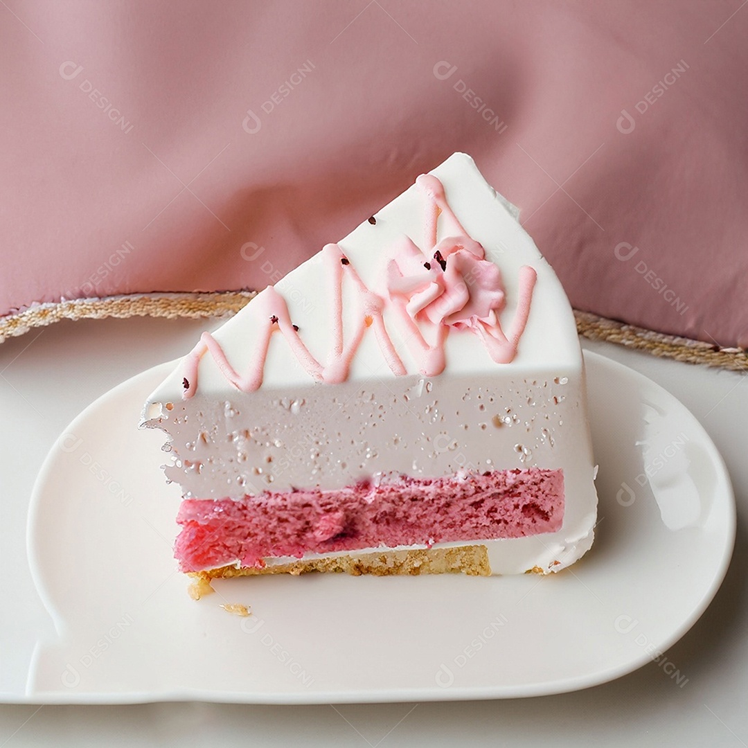 Fatia de bolo de creme rosa fresco decorada com granulado em prato branco