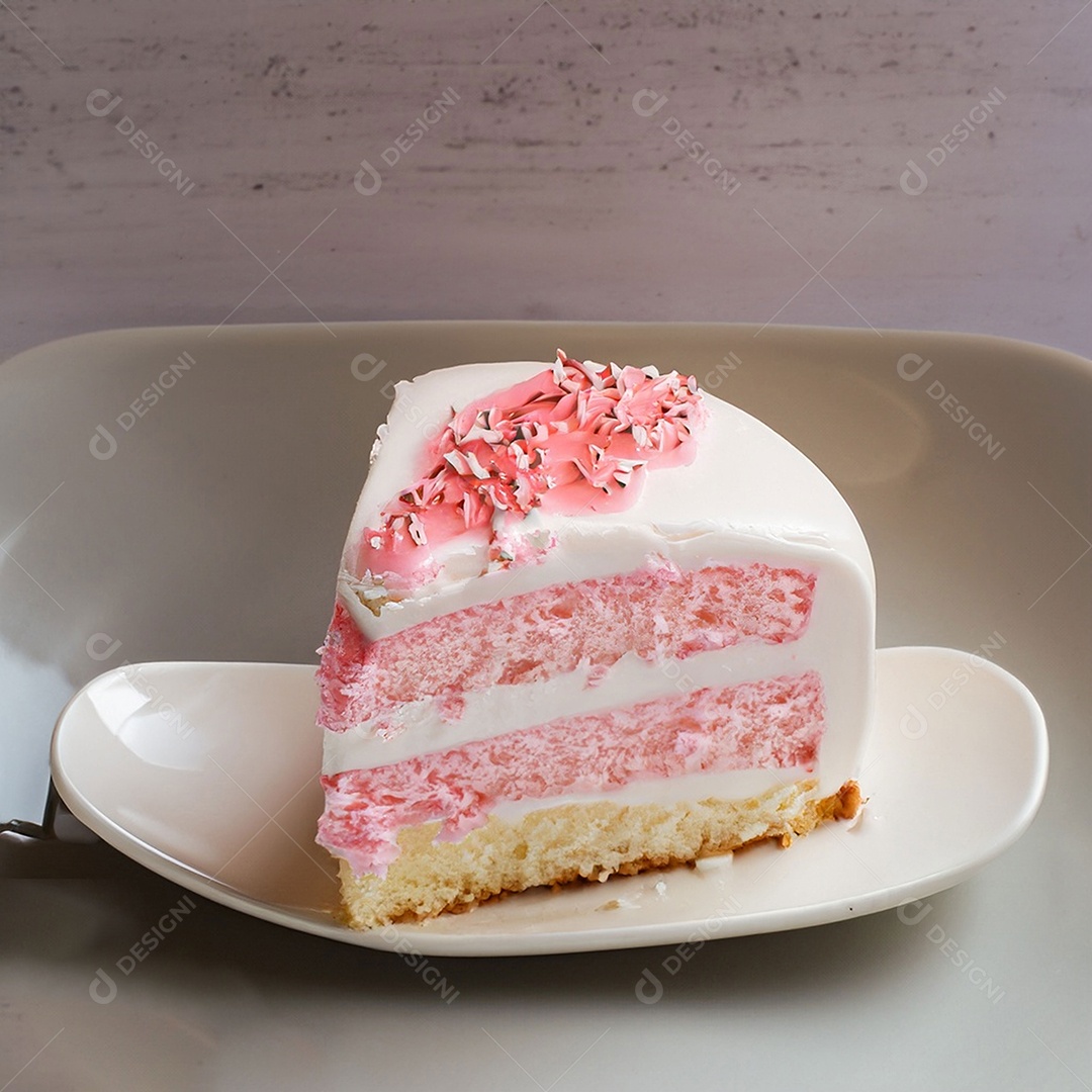Fatia de bolo de creme rosa fresco decorada com granulado em prato branco