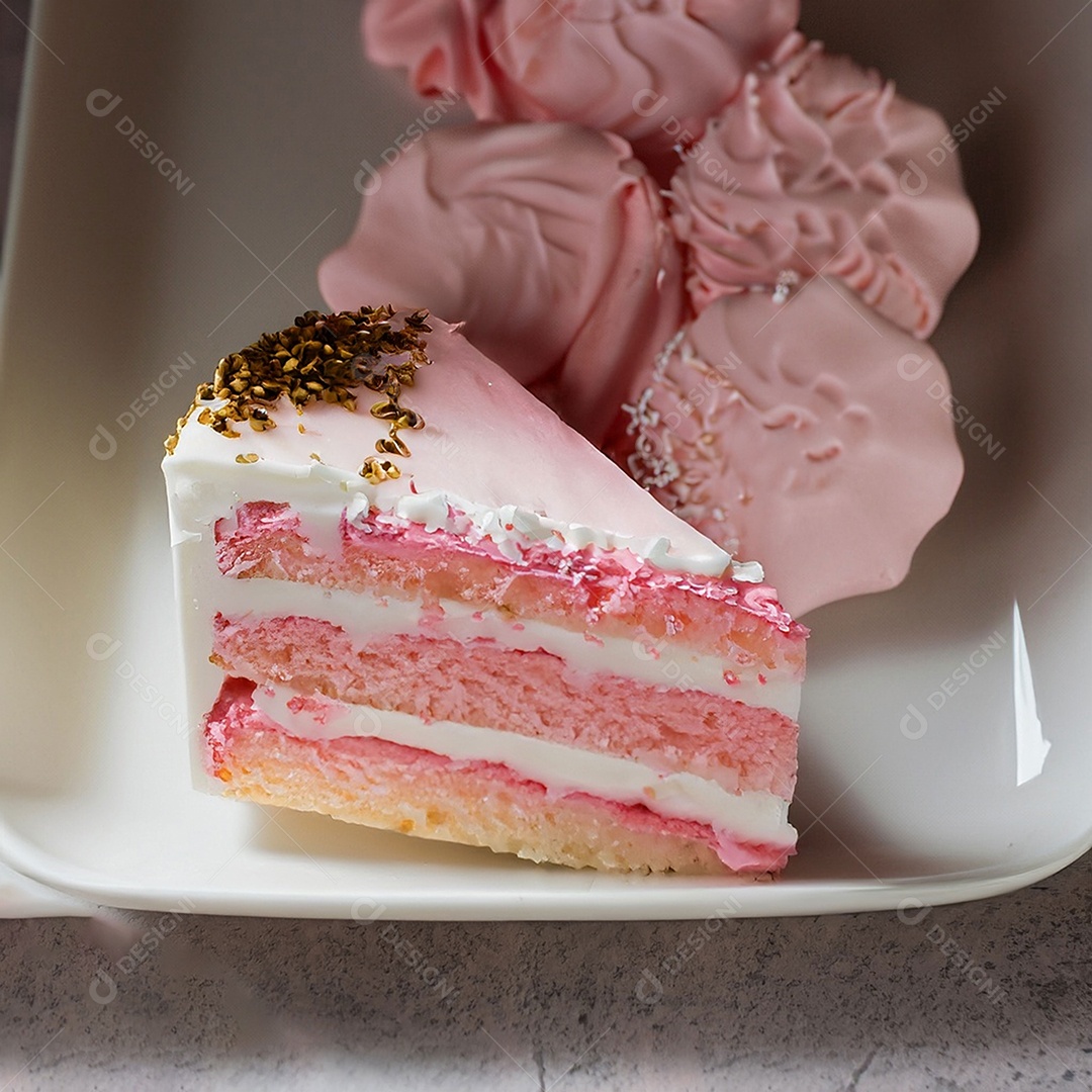 Fatia de bolo de creme rosa fresco decorada com granulado em prato branco