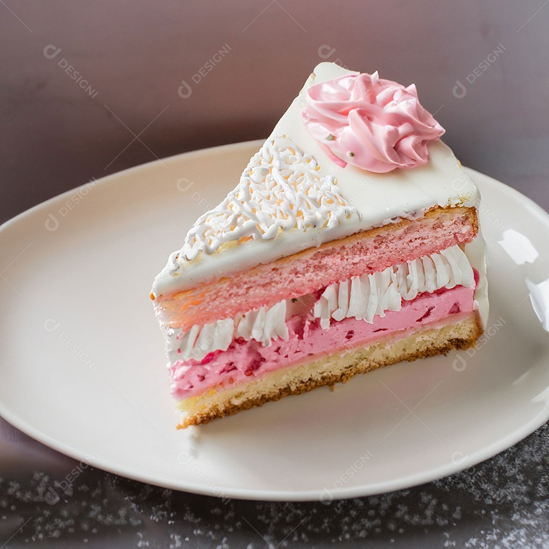 Fatia de bolo de creme rosa fresco decorada com granulado em prato branco