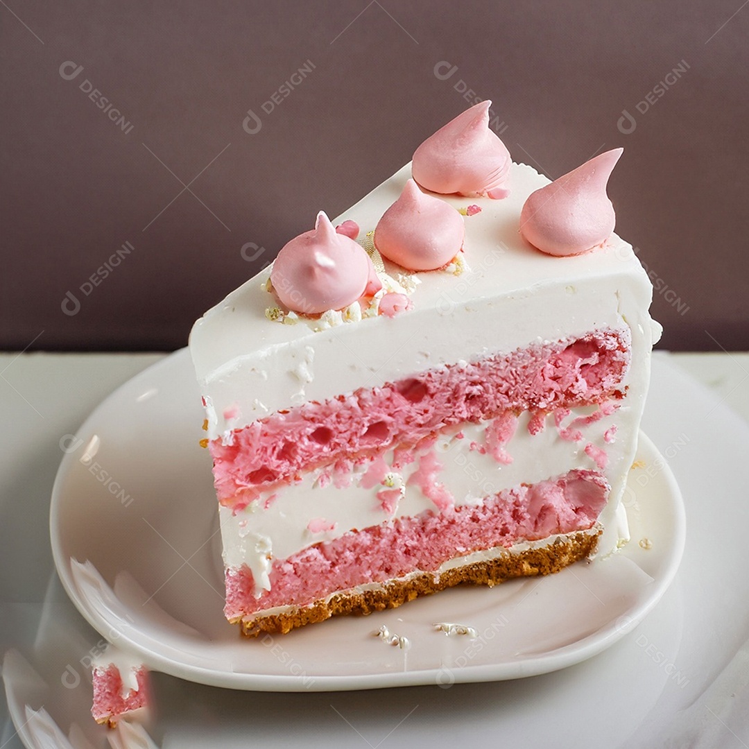 Fatia de bolo de creme rosa fresco decorada com granulado em prato branco