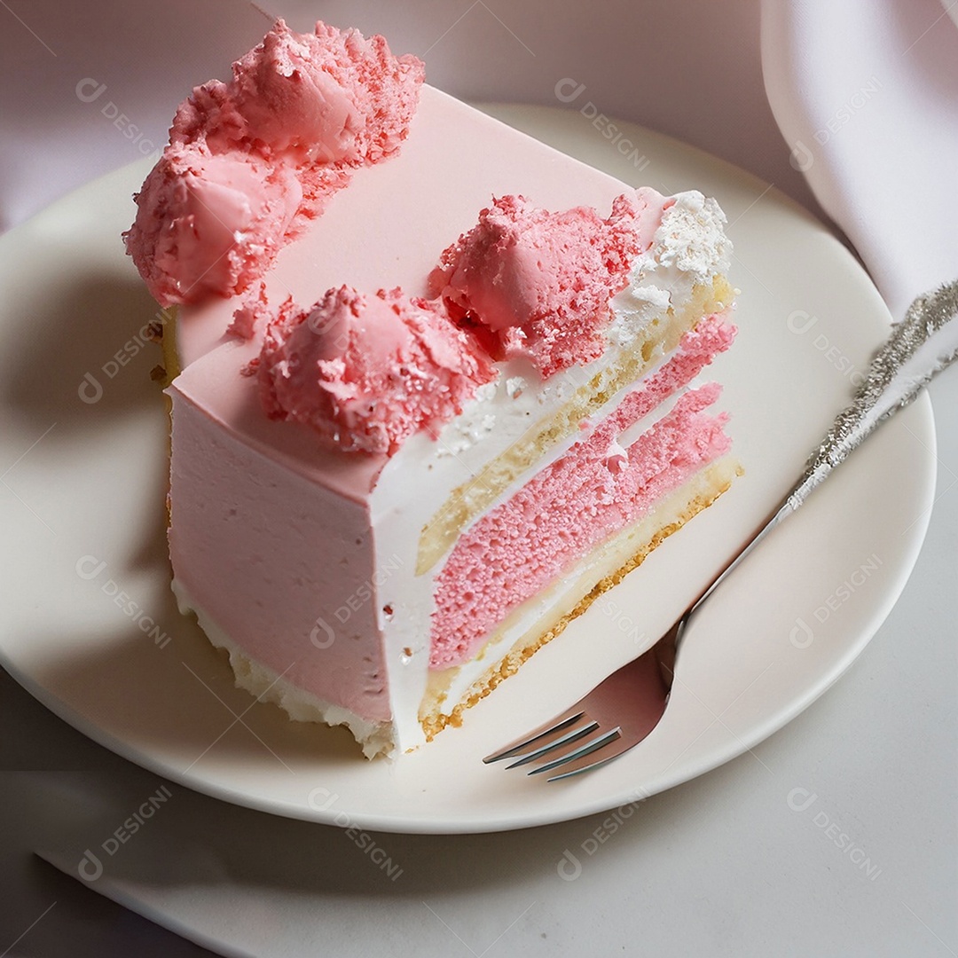 Fatia de bolo de creme rosa fresco decorada com granulado em prato branco