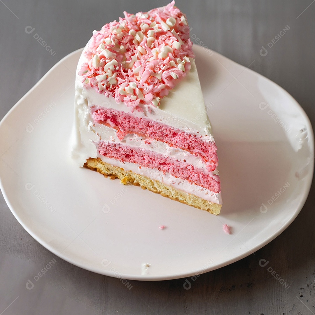 Fatia de bolo de creme rosa fresco decorada com granulado em prato branco