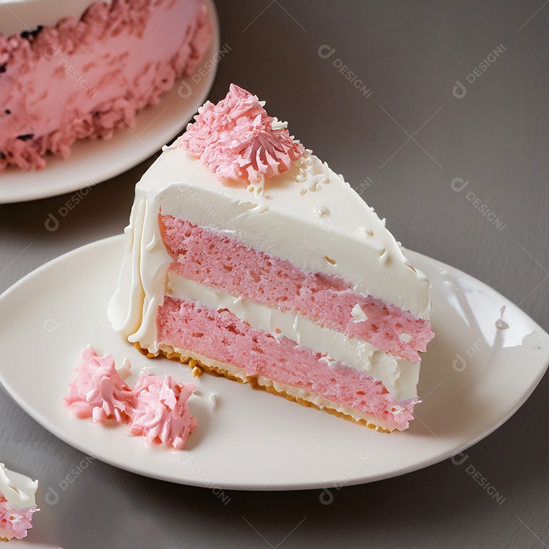 Fatia de bolo de creme rosa fresco decorada com granulado em prato branco