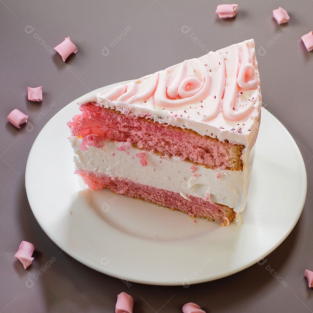 Fatia de bolo de creme rosa fresco decorada com granulado em prato branco