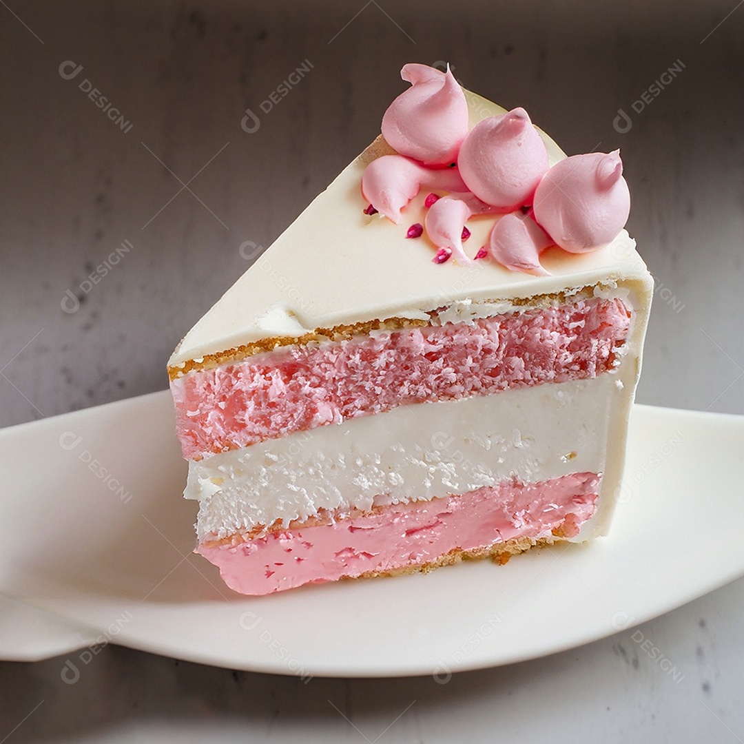 Fatia de bolo de creme rosa fresco decorada com granulado em prato branco