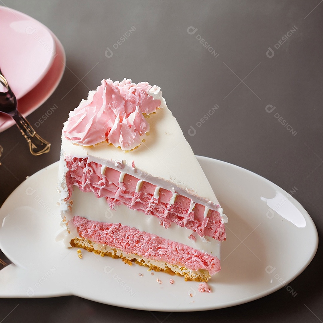 Fatia de bolo de creme rosa fresco decorada com granulado em prato branco