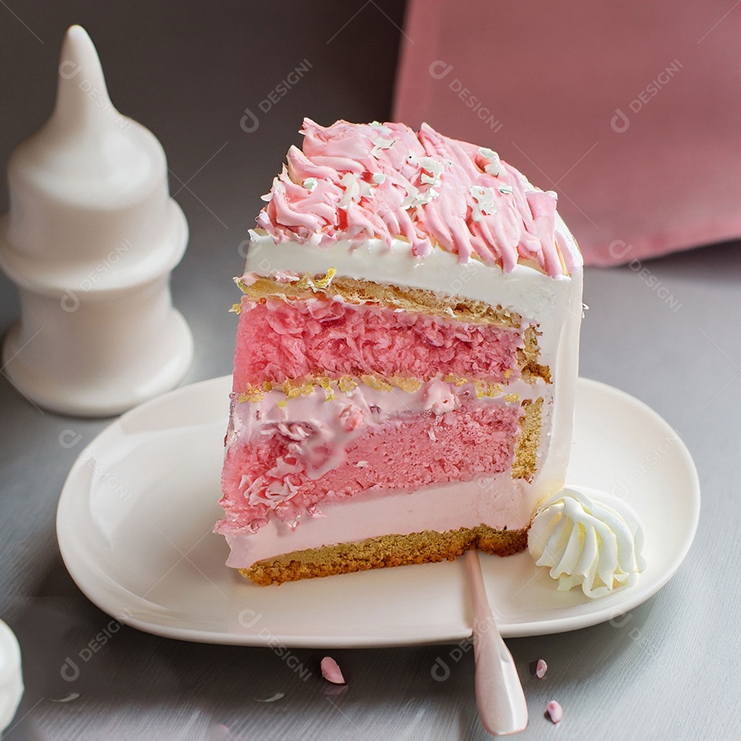 Fatia de bolo de creme rosa fresco decorada com granulado em prato branco)
