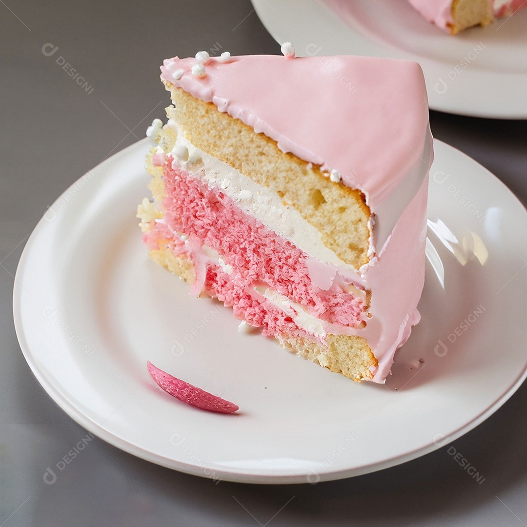 Fatia de bolo de creme rosa fresco decorada com granulado em prato branco