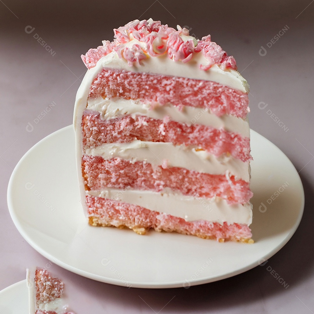 Fatia de bolo de creme rosa fresco decorada com granulado em prato branco