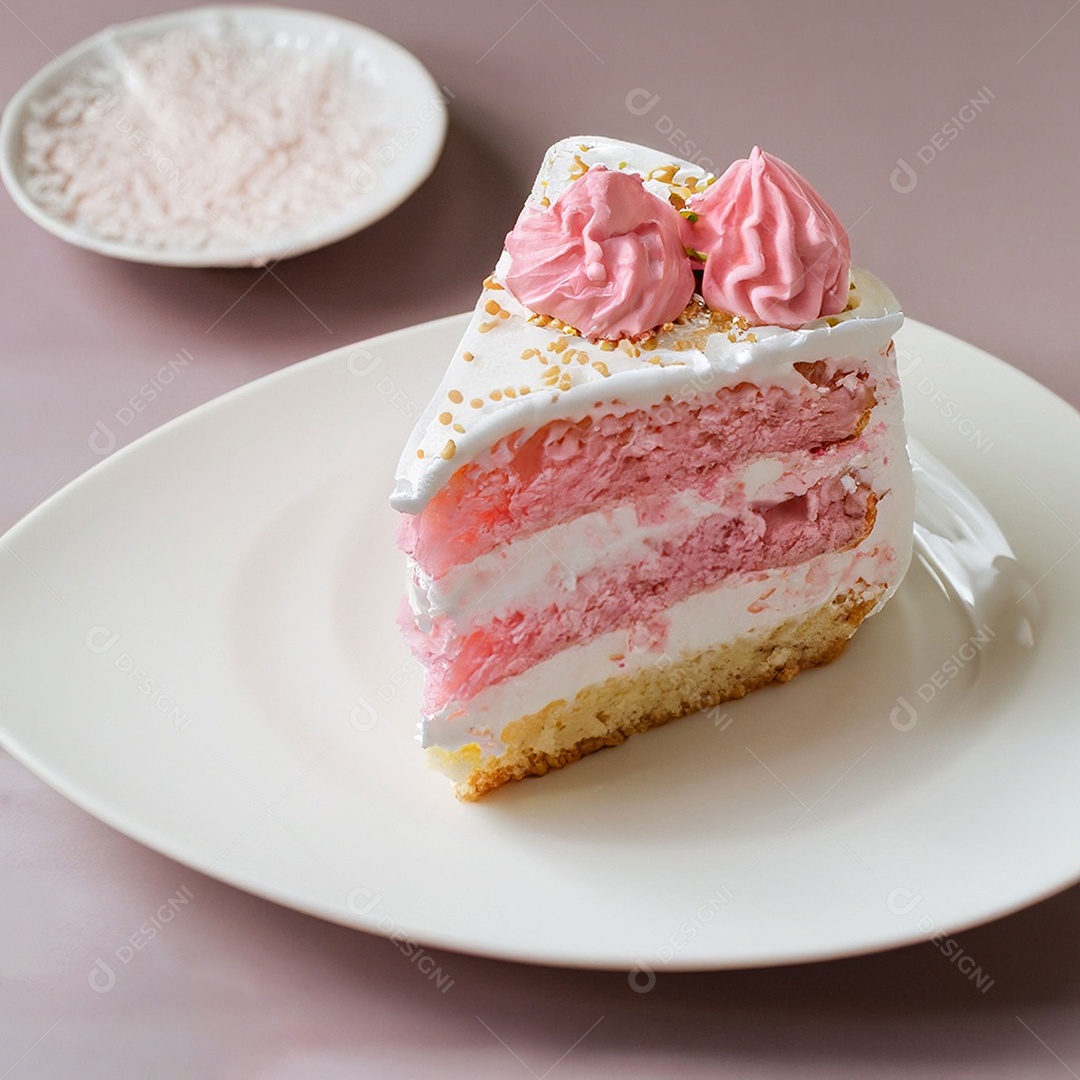 Fatia de bolo de creme rosa fresco decorada com granulado em prato branco