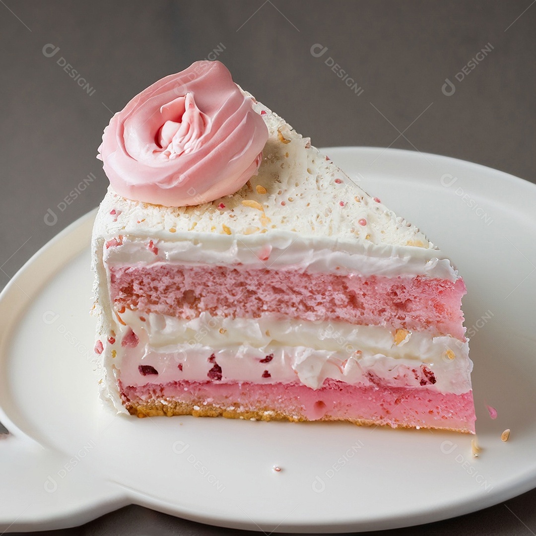 Fatia de bolo de creme rosa fresco decorada com granulado em prato branco