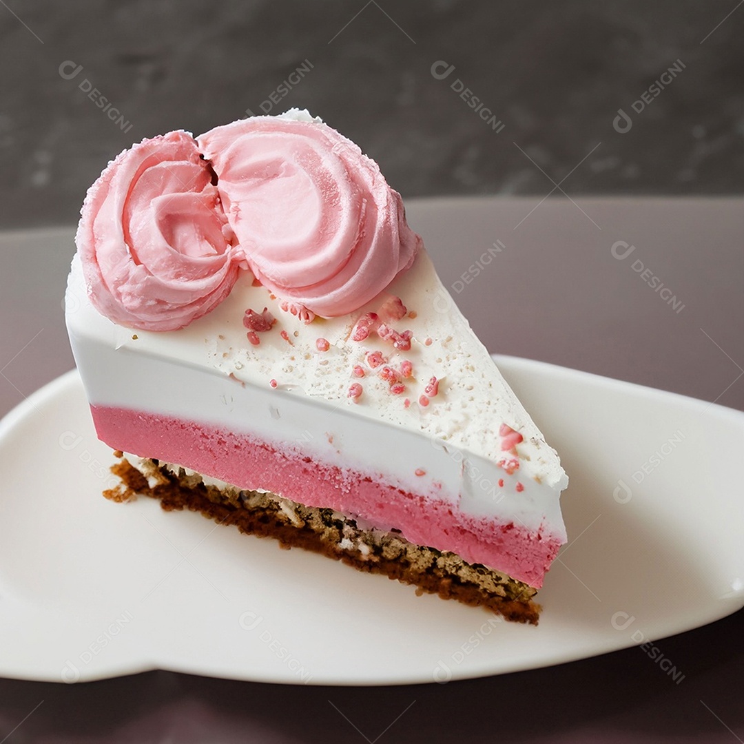 Fatia de bolo de creme rosa fresco decorada com granulado em prato branco