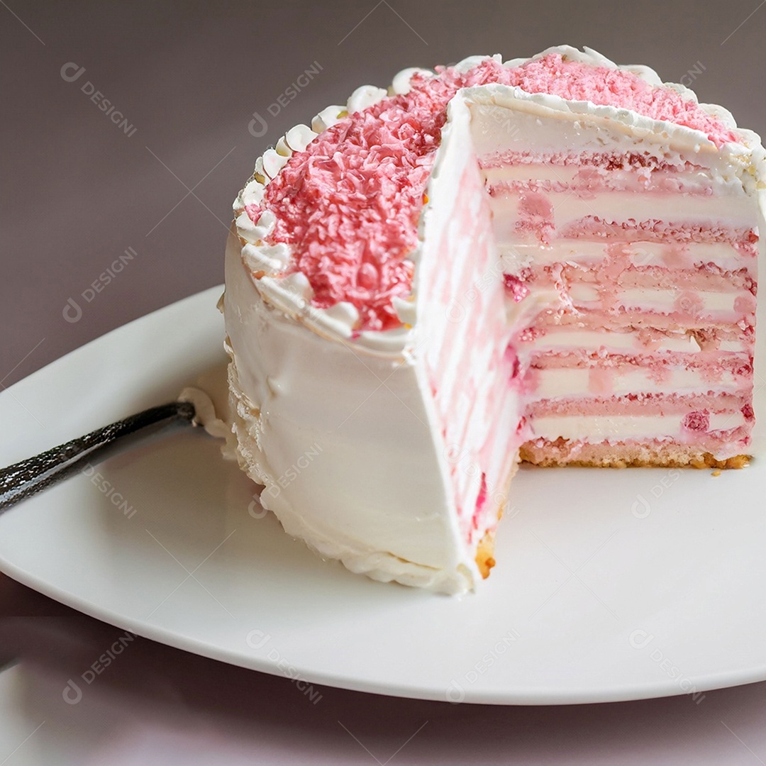 Fatia de bolo de creme rosa fresco decorada com granulado em prato branco