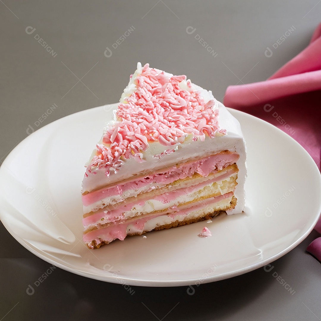 Fatia de bolo de creme rosa fresco decorada com granulado em prato branco