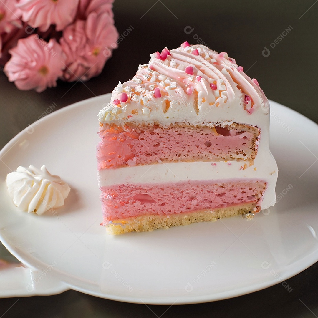 Fatia de bolo de creme rosa fresco decorada com granulado em prato branco