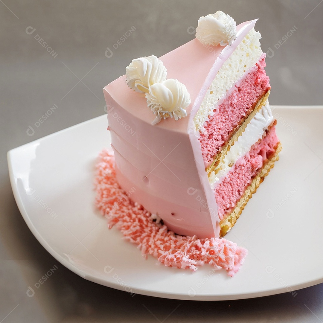 Fatia de bolo de creme rosa fresco decorada com granulado em prato branco